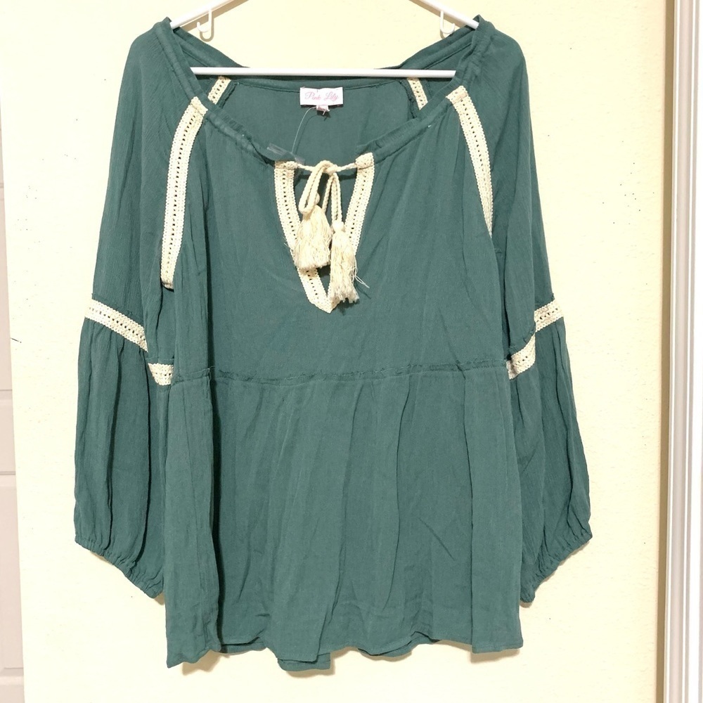 NWT PINK LILY green peasant blouse women size S